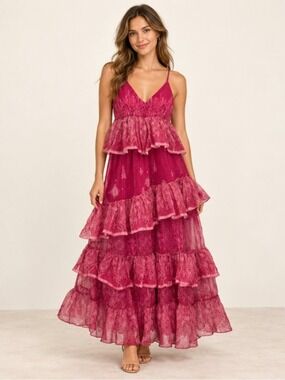 Let Me Be Pink Paisley Tiered Ruffle Maxi Dress XS 0862